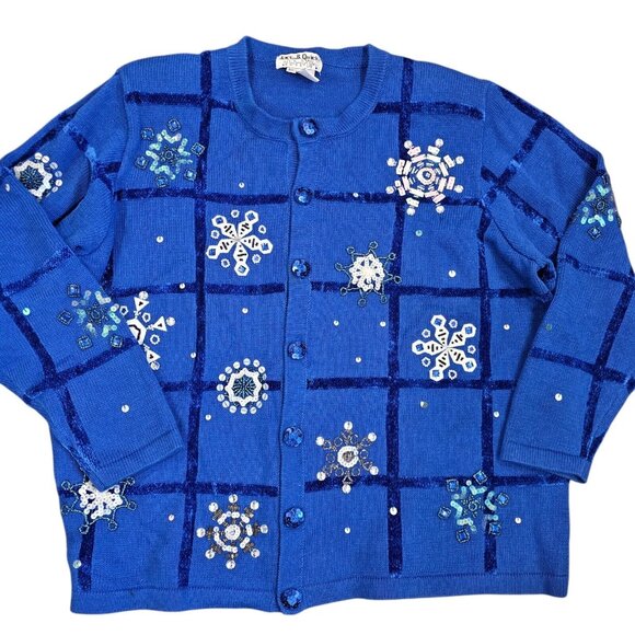 Size 3X Winter Snowflake Blue Sweater Cardigan Beaded Sequins Checkered Knit VTG - Picture 14 of 14